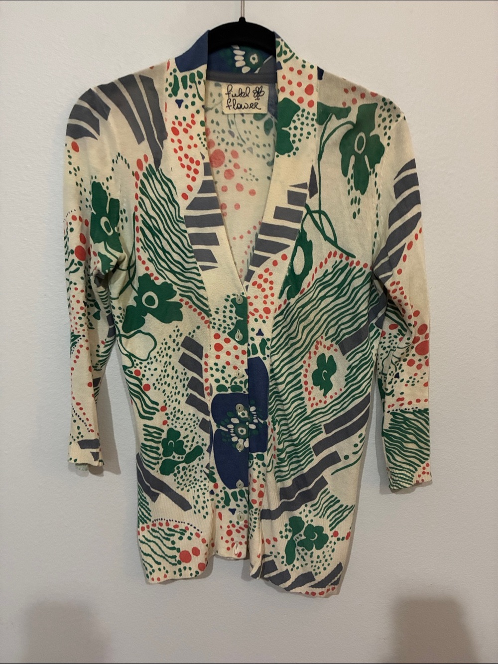 Anthropologie Lazula cream cardigan with green, navy & coral abstract print